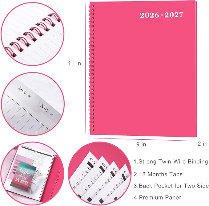 2026-2027 Monthly Planner - JUL 2026 - DEC 2027 Monthly Planner/Calendar 2026, 18 Month Planners with Tabs & Pocket & Label, Contacts and Passwords, 9" x 11", Thick Paper, Twin-Wire Binding - Rose Red