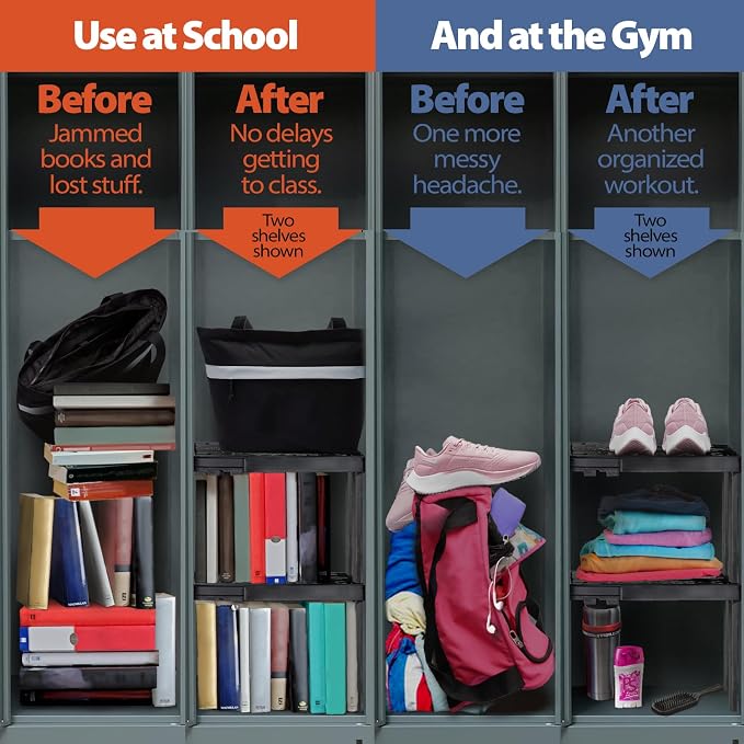 Piffny Locker Organizer Shelf， Adjustable Width and Height, Stackable, Ideal Locker Shelf for School, Office, Gym Lockers, or Even Kitchen Cabinets & Under Sink Organization (Black),(PLKSLF01)
