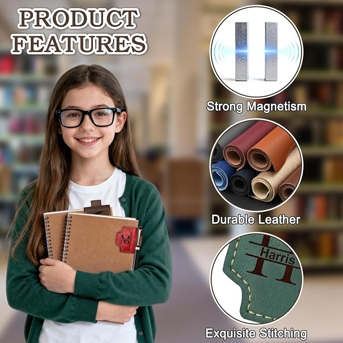 Personalized Magnetic Leather Bookmark with Pen Holder, Custom Name Engraved Book Marks for Reading Women Men Kids, Customized Book Lovers Gifts