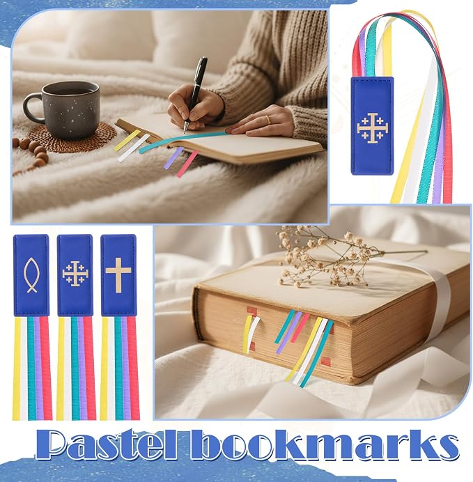 Outus 3 Pieces Bible Ribbon Bookmark Markers Artificial Leather Bookmark with Ribbons for Books Office (Solemn,Blue)