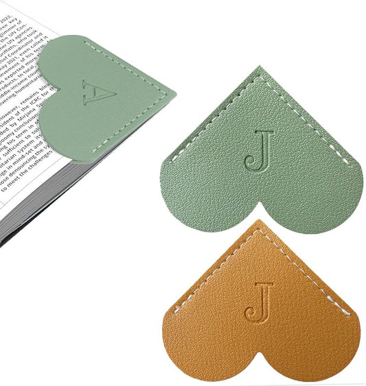 2Pcs Personalized Leather Heart Bookmark with Initial, 26 Letters Custom Corner Page Book Mark for Reading Women, Book Lovers, Teachers, Students, Cute Book Accessories Gifts(Green+Light Brown, J)