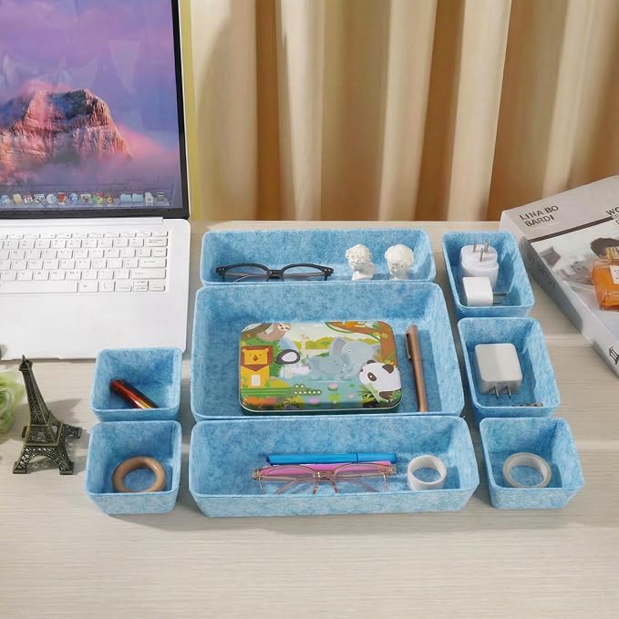 Desk Drawer Organizer Bins, 8pcs Felt Shallow Bathroom Storage Trays, Office Accessories & Workspace Organizers Jewelry & Makeup Boxes Containers(Blue)