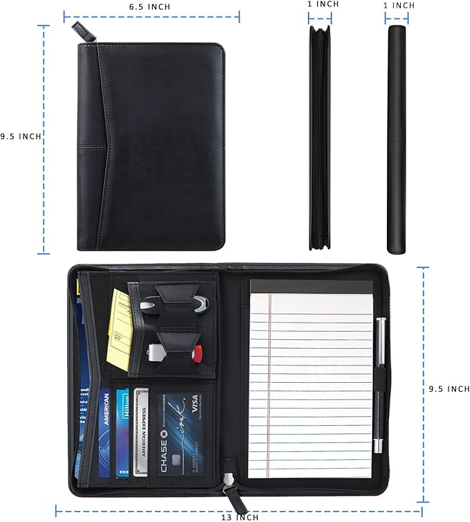 Junior Padfolio Portfolio with 5 x 8 Writing Pad, A5 Business Portfolio Binder Folder Organizer Multi-Function Combination Case for Women/Men, Black