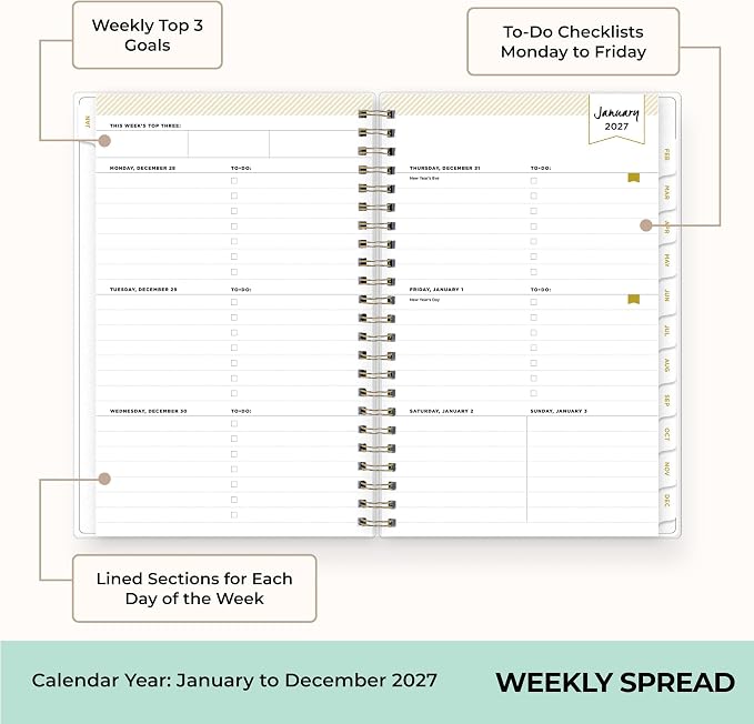 Blue Sky Day Designer 2027 Weekly and Monthly Planner Calendar, January 2027 - December 2027, 5" x 8", Flexible Cover, Durable Twin Wire Binding, Storage Pocket, Includes Stickers, Tile