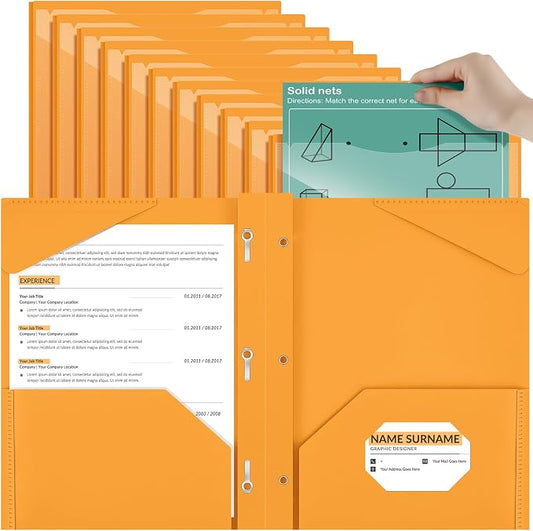 Henoyso 18 Pcs Plastic Folder with Clear Front Pocket and 3 Prong Plastic Folders with Card Slot Pocket Folders with Prongs for School Office (Orange)