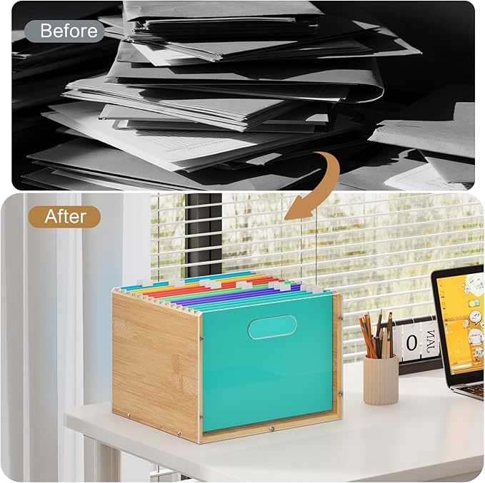 Sbanmao Hanging File Organizer, Clear Acrylic File Box Organizer, Bamboo Filing Box File Crate Organizer Storage Boxes, Portable Filing Folder with Handle for Letter Size