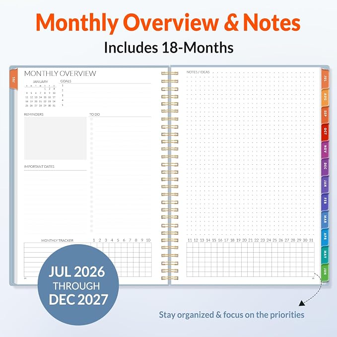 SUNEE Monthly Planner 2026-2027 - 18 Months Calendar Planner from Jul 2026 to Dec 2027, 7"x10" Yearly Planner with Tabs, Spiral Binding, Organizer for School Office Home, Gray Blue