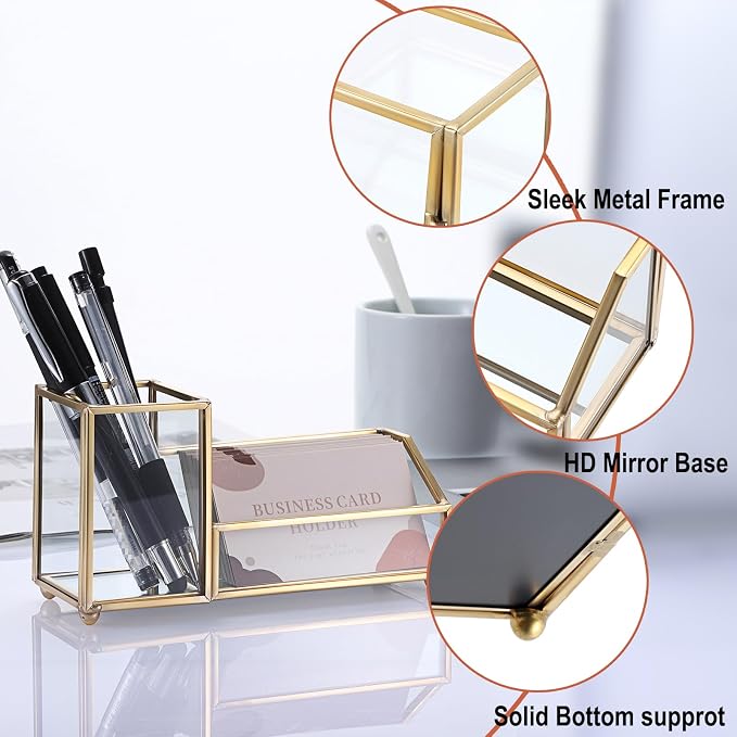 Hipiwe Glass Business Card Holder with Pen Pencil Holder Cup Gold Metal Name Card Display Organizer Desktop Business Card Storage Case for Office Desk, 2 Slots