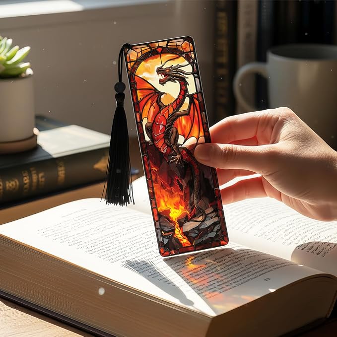 4 Pcs Stained Glass Dragon Bookmarks Gifts for Women Men, Transparent PVC Bookmark with Tassels, Cool Book Lovers Accessories, Unique Reading Book Marks for Bookish Office School