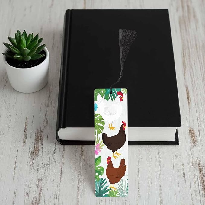 Cute Chickens Bookmarks 5 Pcs Floral Palm Leaves Cartoon Hen Wooden Bookmark with Tassels for Reading Book Lovers Gift Office School Readers Teacher