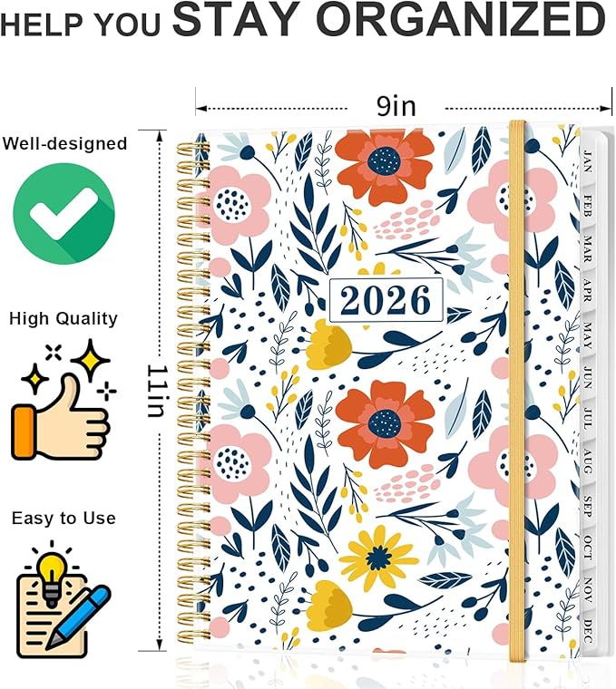 2026 Planner - Weekly and Monthly Planner from Jan 2026 - Dec 2026, Spiral Planning 2026 with 12-Month Tabs, Inner Pocket, 8.5" x 11", Pink Flower