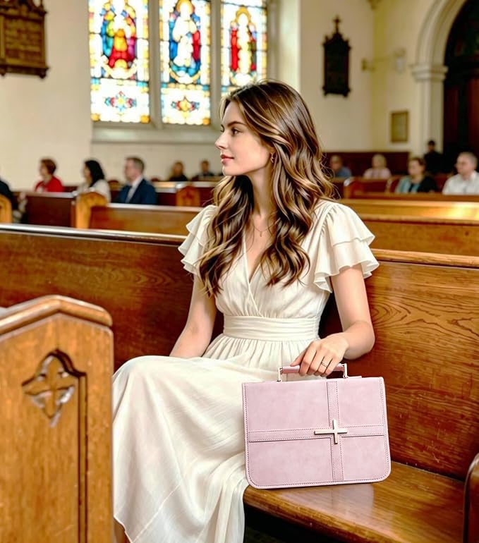 Vegan Leather Bible Cover for Men & Women, Bible Case with Gift Box, Christian Catholic Religious Bible Gifts (Pink)