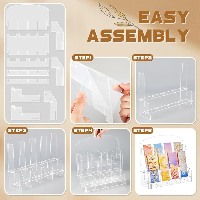 Yuntau Acrylic Bookmark Display, Adjustable 2. 2'' Bookmark Stand, Portable Sticker Holder, Curved Pockets Greeting Card Display for Business Vendor, Retail Store Shop(Detachable,8 Pockets)