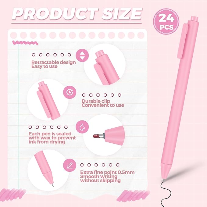 Cholemy 24 Pack Retractable Pens Bulk Pastel Gel Ink Pens 0.5mm Fine Point Tip Black Ink with Grip Smooth Writing for Journaling Note Taking School Supplies (Pink)