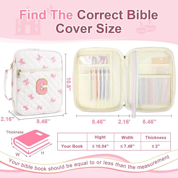 Personalized Initial Bible Cover Case for Women Girls Kid - Large Quilted Bible Case with Handle,Chenille Letter Bag Study Supplies,Christmas Gifts for Christians Birthday Graduation(Pink Bow-C)