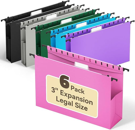Ansook Legal Size Hanging File Folders Extra Capacity, Heavy Duty 3" Expandable File Folder Hanging Legal with Tabs,6 Pack File Cabinet Folders,File Frame & Box Hang Folder,Hanging File Organizer