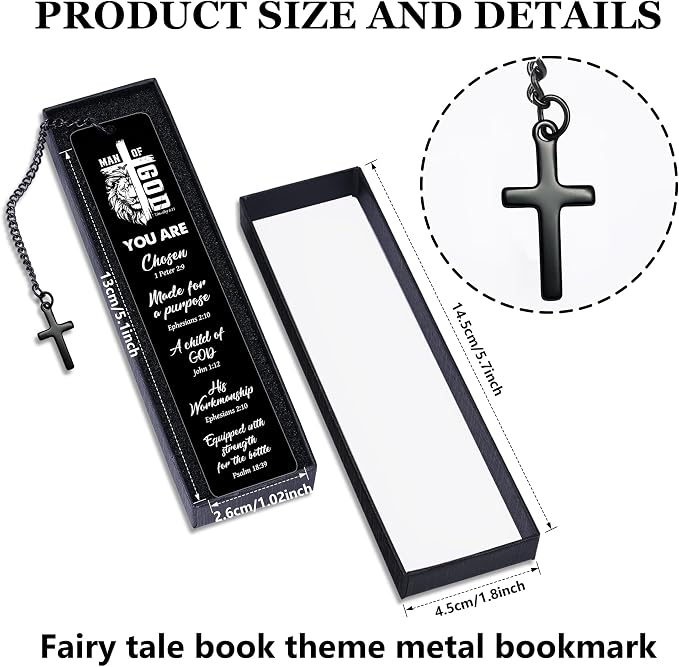 Bible Verse Metal Bookmark for Men, Man of God Christian Bookmark for Men, Religious Fathers Day Gift Scripture Book Mark with Cross Pendant for Husband Dad Reading Gifts