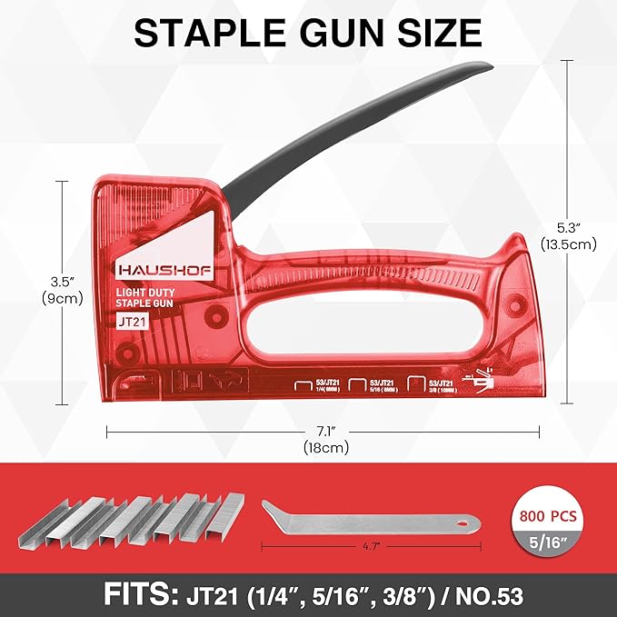 HAUSHOF Light Duty Staple Gun, Upholstery Staple Gun with 800PCS JT21 Staples and Stapler Remover, Fits JT21 Staple of 1/4'', 5/16'' & 3/8'', Used for Wood, Classroom, Crafts, DIY (Red Transparent)