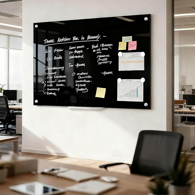 Black Dry Erase Board, 24" x 18" Magnetic Large Black Glass Board Frameless Wall Mounted Glass Whiteboard for Office, School & Home with 1 Acrylic Marker Tray & 3 Strong Magnets
