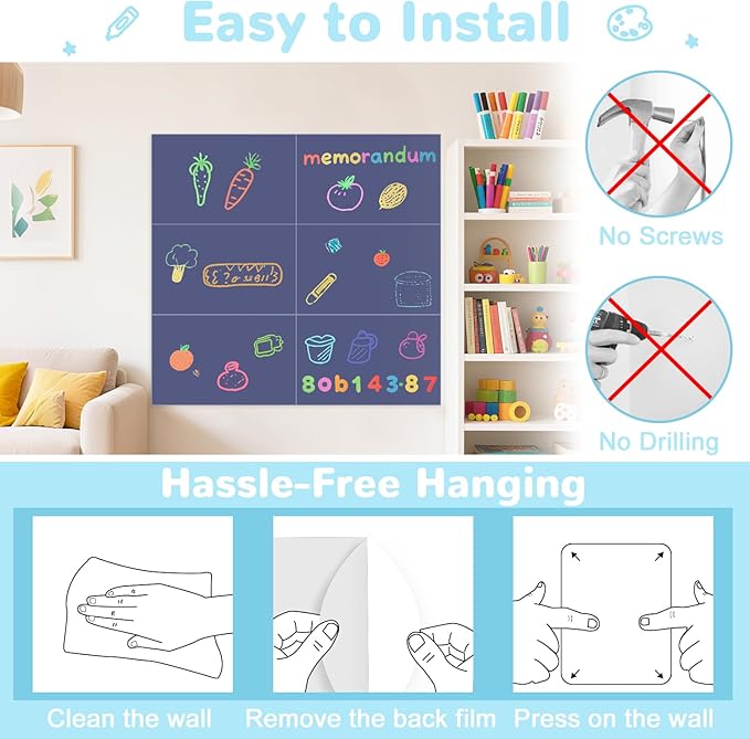 Magnetic Chalkboard Wall Decal Set of 6 Dusty Blue Magnetic Wall Decal for Kids Playroom Peel and Stick Magnet Sheets Magnetic Wall Sticker with Chalk Tangram Puzzle Accessories for Classroom