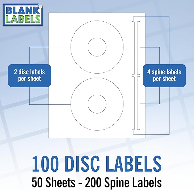 CD/DVD Label Full Face | Qty 100 Disc, 200 Spine | 50 Sheets Total | Permanent White Matte | Inkjet & Laser Compatible | Blank Label
