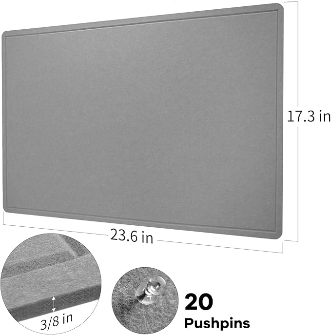 Lightomorrow Bulletin Board, 24 x 18 inches Felt Board Decorative Pin Board, Cork Board Alternative for Wall, Foldable Photo Board Self-Adhesive Vision Board Mood Board with 20 Pushpins - Gray