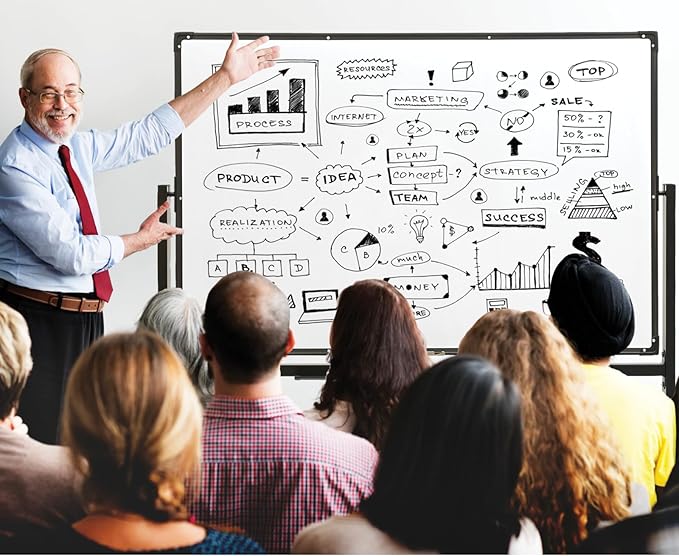 Excello Global Products Large 48"x32" White Board on Wheels: 1 Reversible Magnetic Dry Erase Board with Rolling Stand, 4 Dry Erase Markers, 1 Eraser, 4 Magnets, 1 Marker Tray (Black)