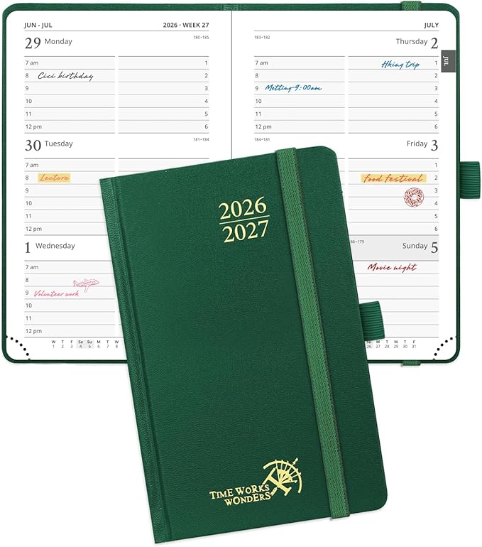 POPRUN 2026-2027 Academic Small Weekly Planner, 4" x 6.25" Purse Size Calendar, July 2026 to June 2027, Hardcover Appointment Book with Horizontal Layout, Hourly Time Slots - Dark Green