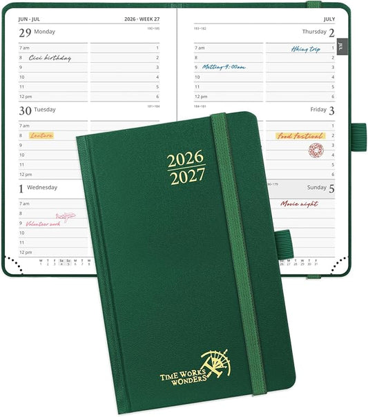 POPRUN 2026-2027 Academic Small Weekly Planner, 4" x 6.25" Purse Size Calendar, July 2026 to June 2027, Hardcover Appointment Book with Horizontal Layout, Hourly Time Slots - Dark Green