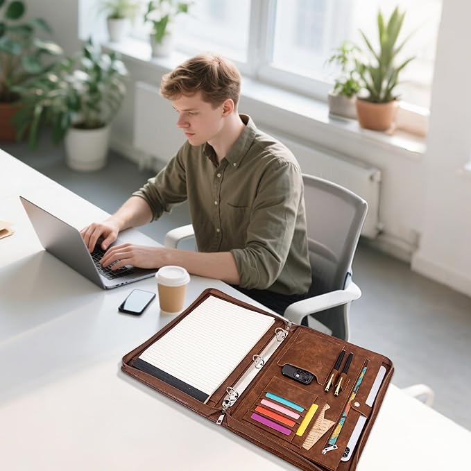 Calfinder 3 Ring Portfolio Binder with Zipper,Leather Padfolio for Men&Women,Business Portfolio Organizer with Tablet/Documents Holder,Leather Padfolio Binder for Interview/Office,Valentine's Day Gift