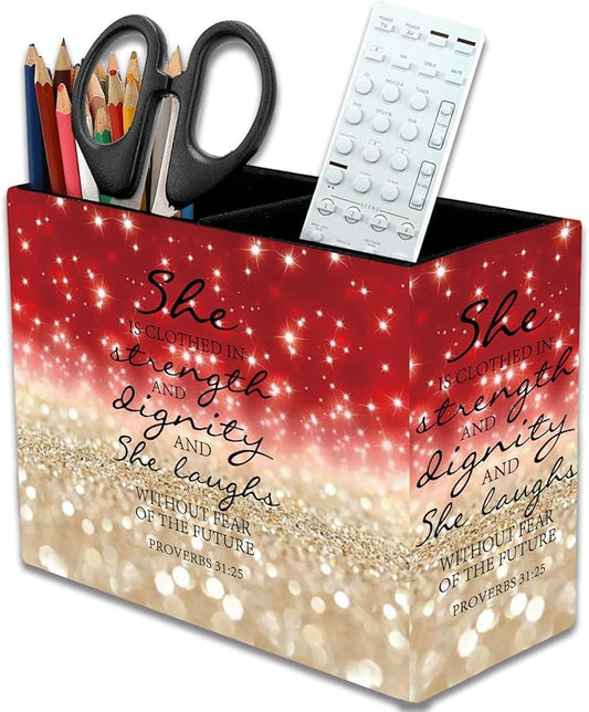 Pen Holder, Pencil Case, Makeup Brush Storage Box, Tableware Storage Box, Suitable for Office Or Home Item Organizing Stand - Red Glitter Quote Proverbs 31-25