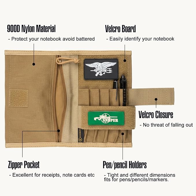 KOSIBATE Tactical Notebook Cover for 5" x 8" Field Notebook, Military Army Greenbook Cover with Hook & Loop Patch Panel, Nylon Durable Organizer with Pen Slots for Work, Outdoor, EDC(Tan)