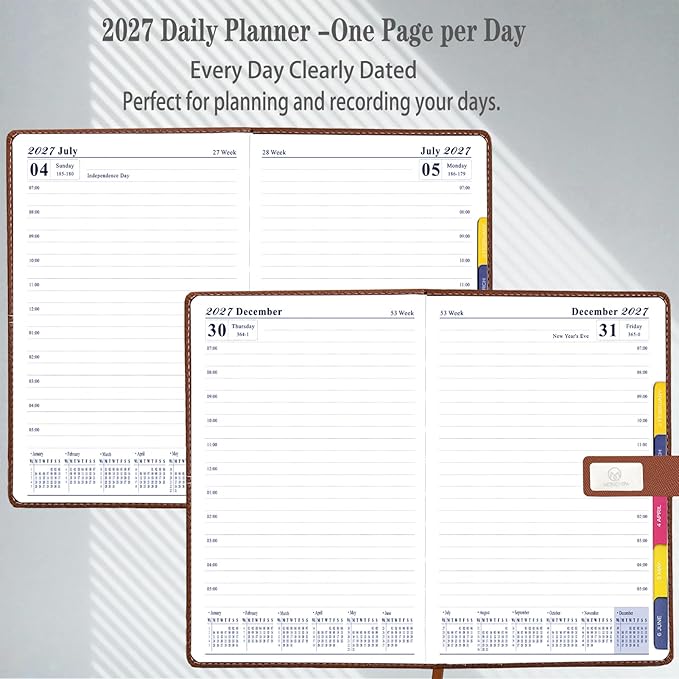 2027 Daily Planner – One Page Per Day, 12-Month Calendar (Jan–Dec 2027), Hourly Appointment Book, 5.7" x 8.26" Leather Cover, Thick Paper – Hourly, Daily & Monthly Organizer (Blue)