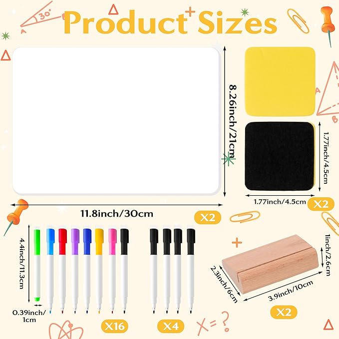 Small Dry Erase Board - 2PCS Whiteboards for Classroom Supplies with 20 Markers and 2 Erasers, Portable Double Sided Lapboard with Wood Base for Students Teachers School Accessories (11 x 8 in)