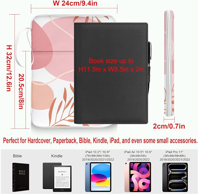 Palm Leaf Book Sleeve Pouch For Women, Paperback Book Protector Case with Zipper, PU Leather Waterproof Book Pouch, Tropics Plants Prints Book Carrying Case for Book Lovers Hardcover Girl Pink