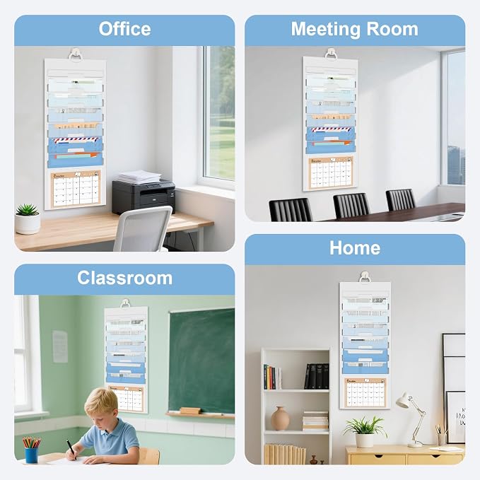 Wall File Organizer 6 Pocket, Hanging Wall File Organiser for Classrooms and Offices, 6 Removable Poly Hanging File Folders
