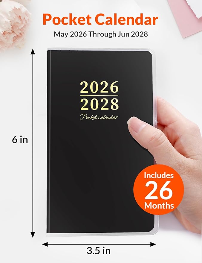 SUNEE Pocket Calendar May 2026 to June 2028 - Two Year Monthly Planner Small Calendar 3.5" x 6" Organizer for Daily & Yearly Schedule - Compact Agenda Notebook for School, Work, Women, Black