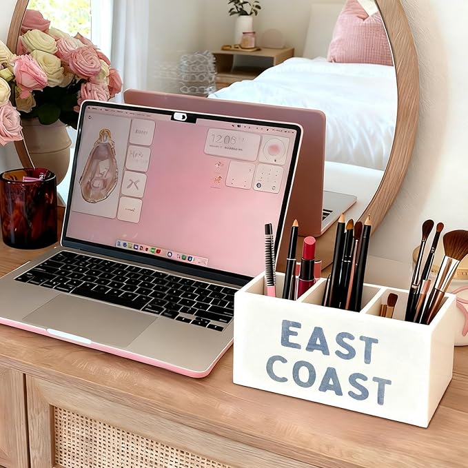 Blue Coastal Beach Pen Pencil Holder for Desk, Beach Office Decor, East Coast Coastal Cowgirl Beachy Wooden Box Sign Decorations for Girly Room Bedroom Dorm Office Desk Tabletop