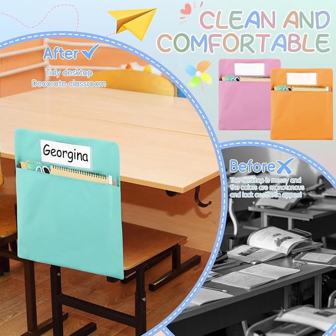 gisgfim 12 Pcs Chair Pockets for Classroom 17 x 20 Inch s with Name Tag for Classroom Chairback Pouch Bag Organizer for Student Elementary School Daycare Supply (Pastel)