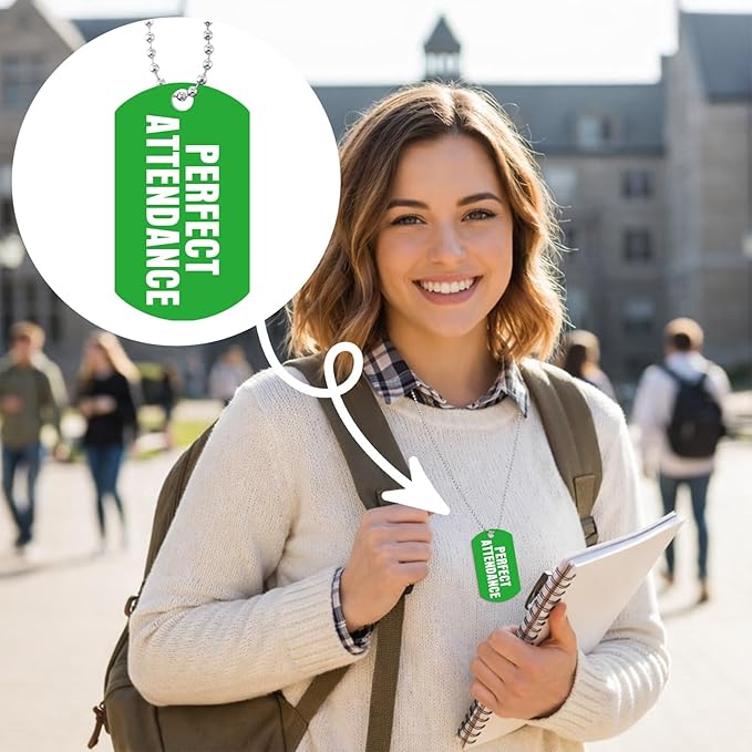 30 Sets Perfect Attendance Dog Tag Necklaces with Chains Student Incentives Acrylic Award Bulk Recognition Tag Education Rewards Prizes for School Classroom Teacher Supplies
