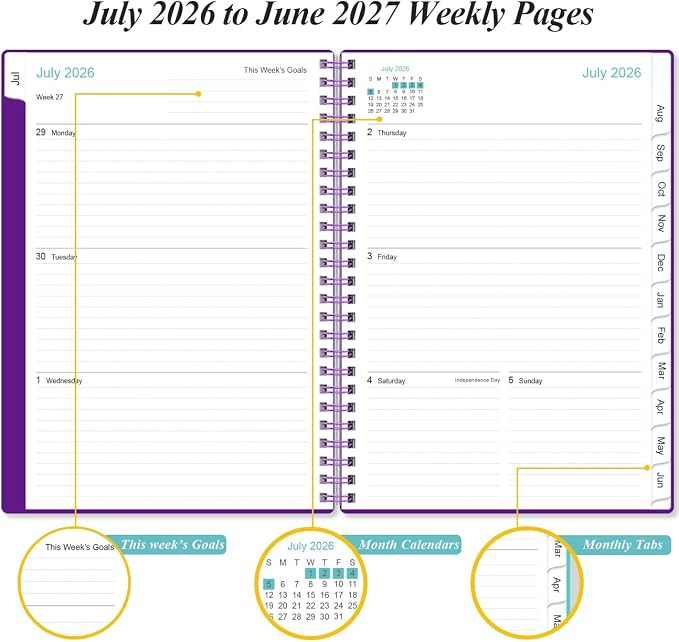2026-2027 Planner - A5 Weekly & Monthly Planner Spiral Bound, July 2026 - June 2027, with Flexible Cover, Tabs, Inner Pocket, 6.4" x 8.5", Purple