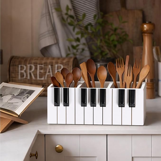 Piano Keys Desk Organizer, 3 Compartment Wooden Pencil Holder, Music-Themed Pen, Pencil, Scissors, Ruler Storage Box for Office, Home, Classroom