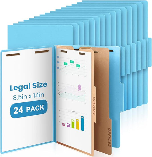 AmazingSpark 24 Pcs Legal Size Classification Folders 2 Divider, Bulk Pressboard File Folder with Expansion 2 Prongs Fastener Heavy Duty Office File Organizer for School Hospitals Home(Light Blue)