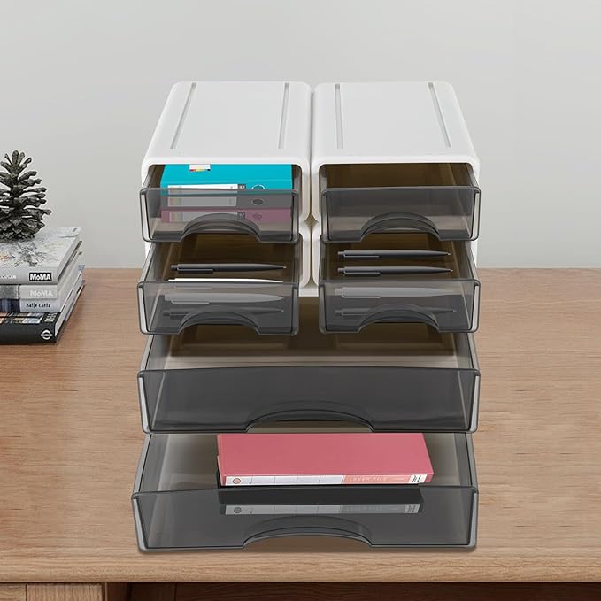 6 Pcs Desk Organizer Office Storage Box with 6 Drawers Plastic Drawers Organizer Stackable Storage Drawers for Office Supplies, Pencils, Markers, Tape, Erasers, Paperclips, White
