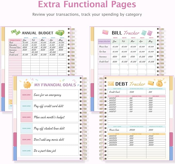 Ospelelf Oversized Budget Planner and Monthly Bill Organizer, Spiral Bindding Money Expense Tracker with Pockets & Stickers, 9" X 11" Large Pages for Spacious Writing, Original Fun Colorful Design, 12 Month Financial Notebook Pink