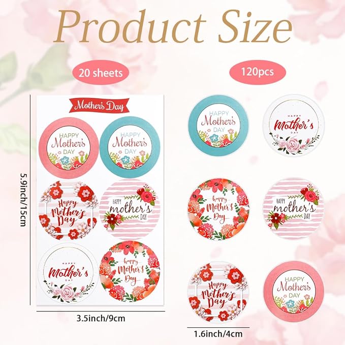 Mothers Day Stickers, 120 PCS Happy Mothers Day Stickers, 2 Inch Mom Sticker Decal, Mom Gifts, 20 Sheets Self-Adhesive Mothers Day Crafted Mother's Day Labels Sticker for Envelope Seal Card Box, Round