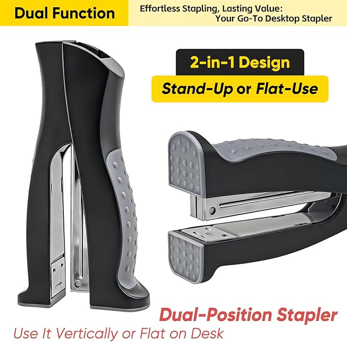 Stand-Up Stapler with 1000 Standard 1/4" Staples, Handheld Ergonomic Soft Grip 2-in-1 Vertical & Flat-Use Desktop Full Strip Stapler for Office, Home, School, Business & Classroom Supplies – Black