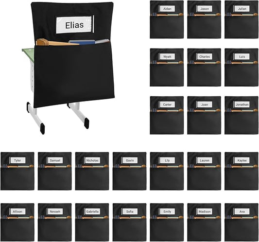 24PCS Chair Pockets for Classrooms 18 x 20 inch | Oxford Black Chair Back Buddy Pockets with Name Slot & Tags, Back of Chair Organizer for Classroom Chairs Seat Storage