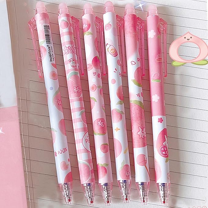 MOZXIRZ 6 Pcs Erasable Gel Ink Pens Retractable Pens Cute Pink Peach Pen Fine Point Pen Office School Supplies Women Pens (Black Ink-Peach)