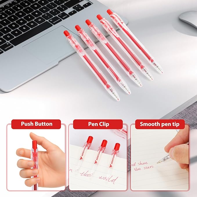 WY WENYUAN 12 Pcs Red Gel Pens, 1.0mm Bold Point Quick Drying Gel Ink Pens, Retractable Ballpoint Pens for Smooth Writing, Ideal for School, Office, Journaling, Note Taking and Correction